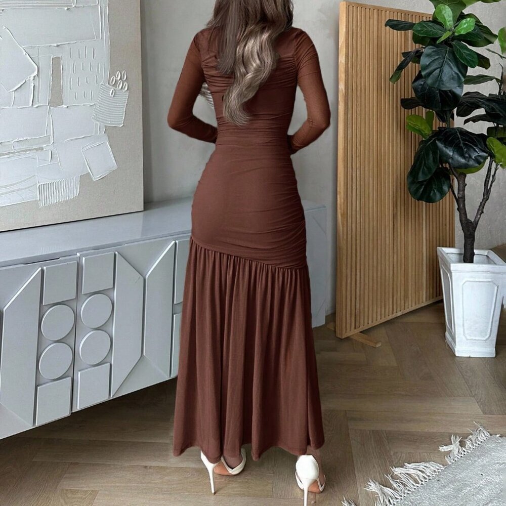 Chocolate Brown Elegant Women's Mesh Long Sleeve Round Neck Dress - Picture 2 of 6